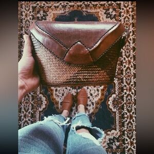 VINTAGE 80s Handmade Leather and Rattan Woven Crossbody Bag